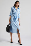 Blue Long Sleeve Midi Work Dress With Slit