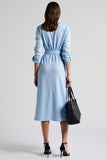 Blue Long Sleeve Midi Work Dress With Slit