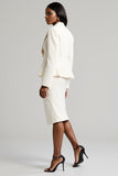 White Peak Lapel Long Sleeve Bodycon 2 Piece Midi Work Dress With Slit