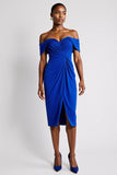 Off The Shoulder Royal Blue Ruched Sheath Midi Work Dress