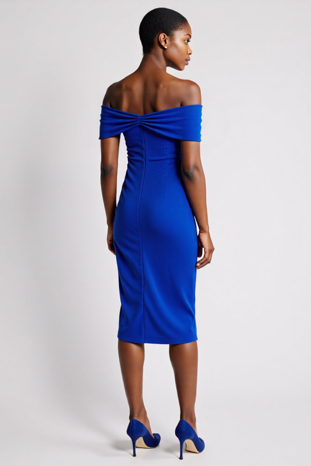 Off The Shoulder Royal Blue Ruched Sheath Midi Work Dress