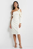 One Shoulder White Bodycon Work Dress With 3D Flower