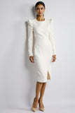 Long Sleeve Bodycon Knee Length White Work Dress With Slit