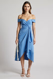 Blue Off The Shoulder Ruched A Line Midi Work Dress