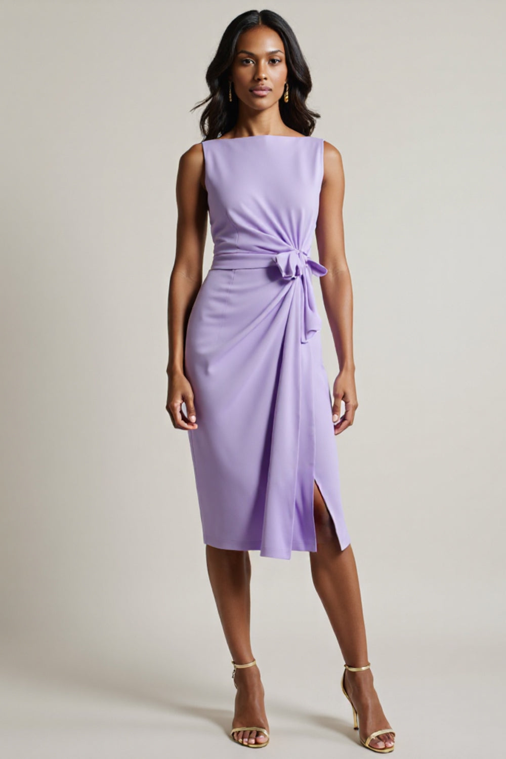 Purple Ruched Midi Work Dress with Slit