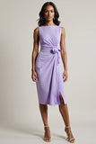 Purple Ruched Midi Work Dress with Slit