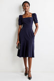 Navy Square Neck Midi Work Dress with Short Sleeves