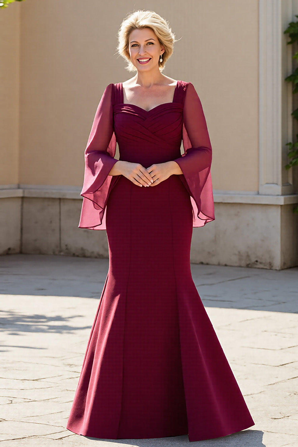 Burgundy Mermaid Chiffon Mother of the Bride Dress with Long Sleeves