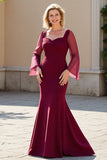 Burgundy Mermaid Chiffon Mother of the Bride Dress with Long Sleeves