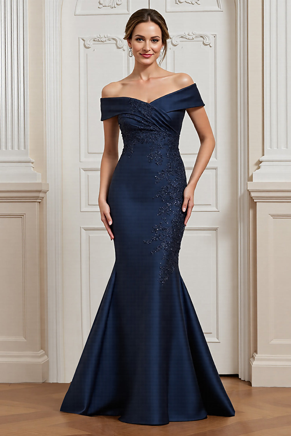 Off the Shoulder Mermaid Navy Mother of the Bride Dress with Appliques
