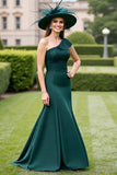 One Shoulder Pine Mermaid Mother of The Bride Dress with Appliques