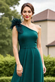 Pine One Shoulder A Line Mother of the Bride Dress with 3D Flowers