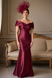 Burgundy Satin Mermaid Off the Shoulder Mother of the Bride Dress