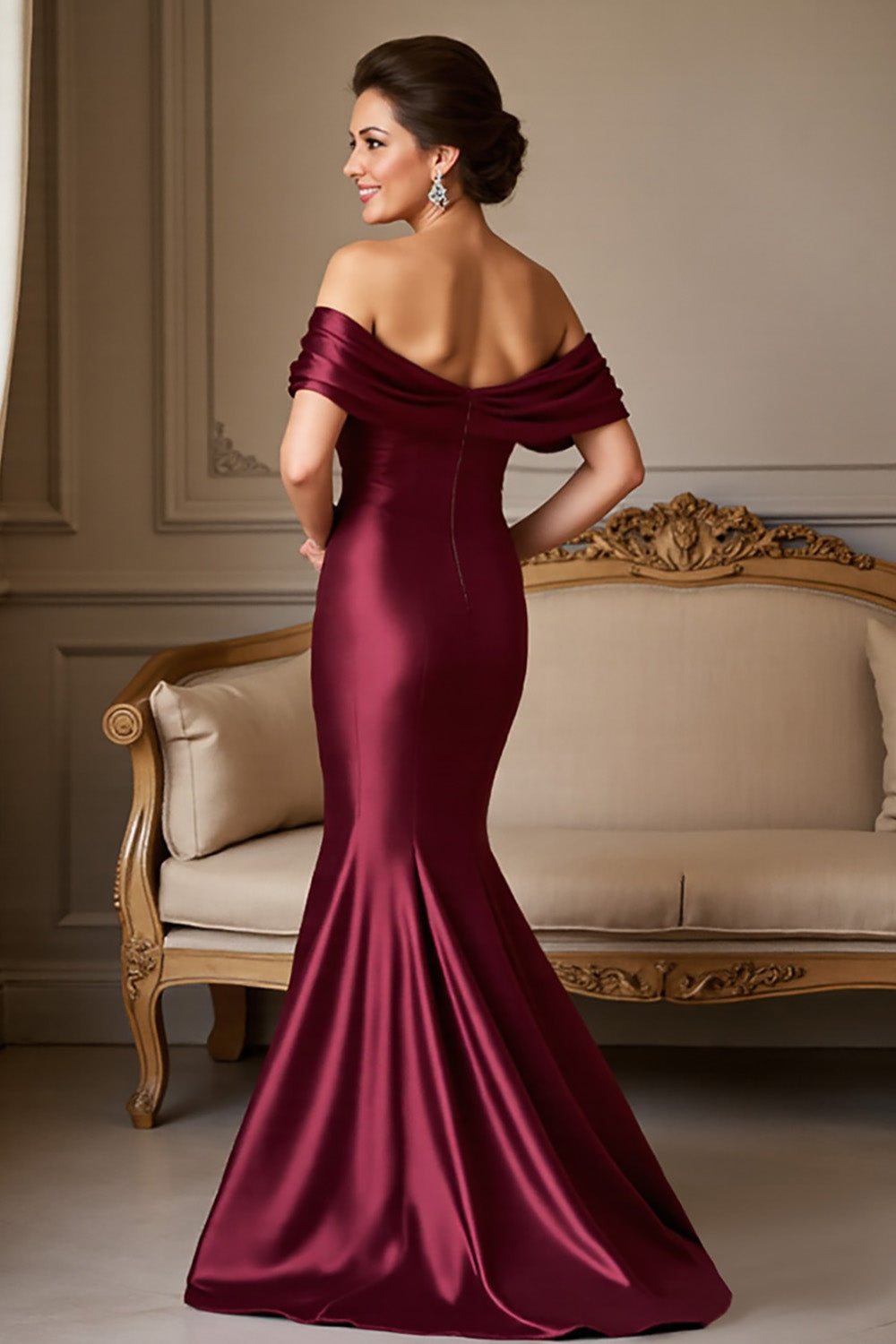 Burgundy Satin Mermaid Off the Shoulder Mother of the Bride Dress