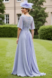 Grey Blue Chiffon Appliqued High Low Mother of the Bride Dress with Short Sleeves