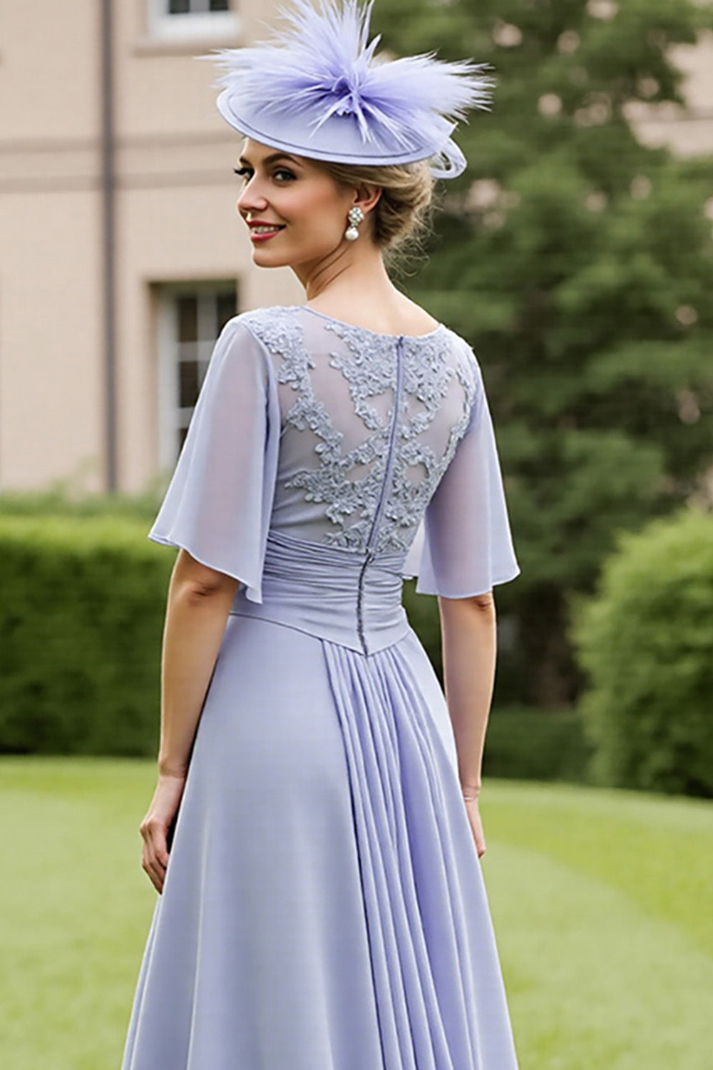 Grey Blue Chiffon Appliqued High Low Mother of the Bride Dress with Short Sleeves