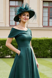 Pine Off the Shoulder Satin A Line Mother of the Bride Dress with Pockets