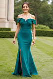 Mermaid Peacock Green Off the Shoulder Mother of the Bride Dress with Slit