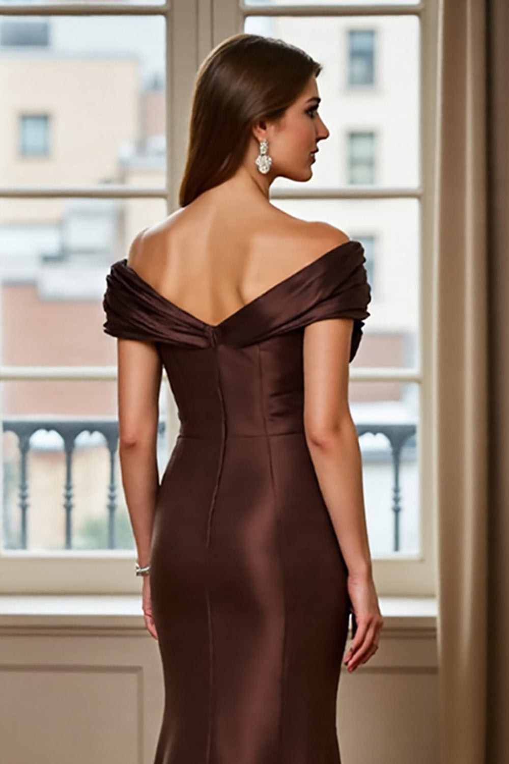 Off the Shoulder Mermaid Satin Brown Mother of the Bride Dress