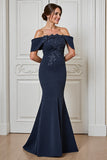 Navy Mermaid Off the Shoulder Mother of the Bride Dress with Appliques