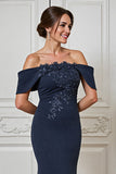 Navy Mermaid Off the Shoulder Mother of the Bride Dress with Appliques