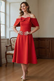 Red A Line Off the Shoulder Midi Mother Of the Bride Dress with Bow
