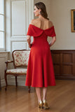 Red A Line Off the Shoulder Midi Mother Of the Bride Dress with Bow