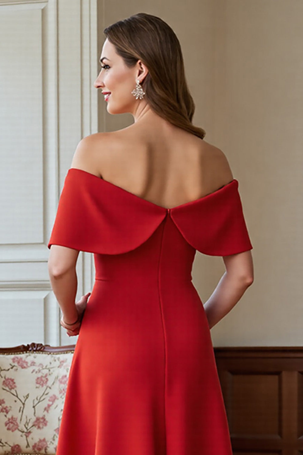 Red A Line Off the Shoulder Midi Mother Of the Bride Dress with Bow