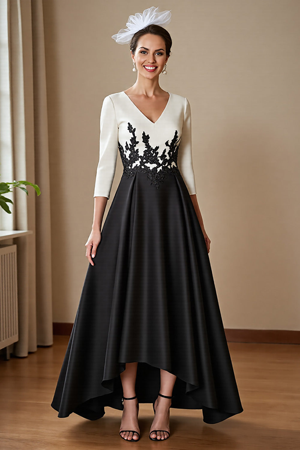 High Low Satin A Line Black and White Mother of the Bride Dress with Appliques