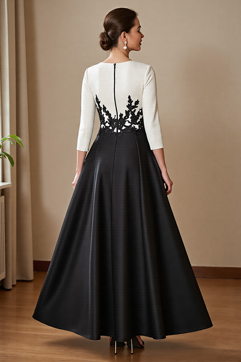 High Low Satin A Line Black and White Mother of the Bride Dress with Appliques