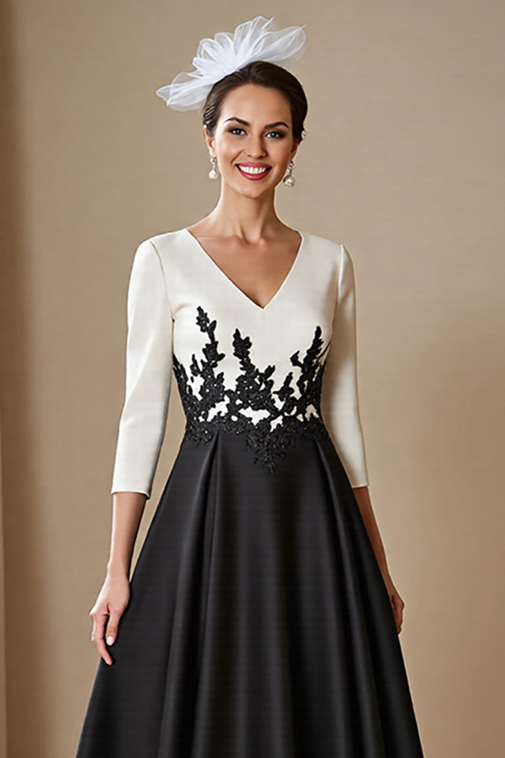 High Low Satin A Line Black and White Mother of the Bride Dress with Appliques