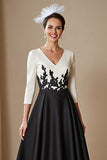 High Low Satin A Line Black and White Mother of the Bride Dress with Appliques