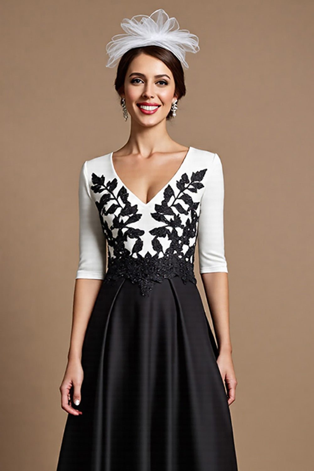Black and White A Line Satin Midi Mother of the Bride Dress with Appliques