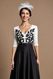 Black and White A Line Satin Midi Mother of the Bride Dress with Appliques