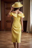 Daffodil Off the Shoulder Ruched Bodycon Midi Mother of the Bride Dress