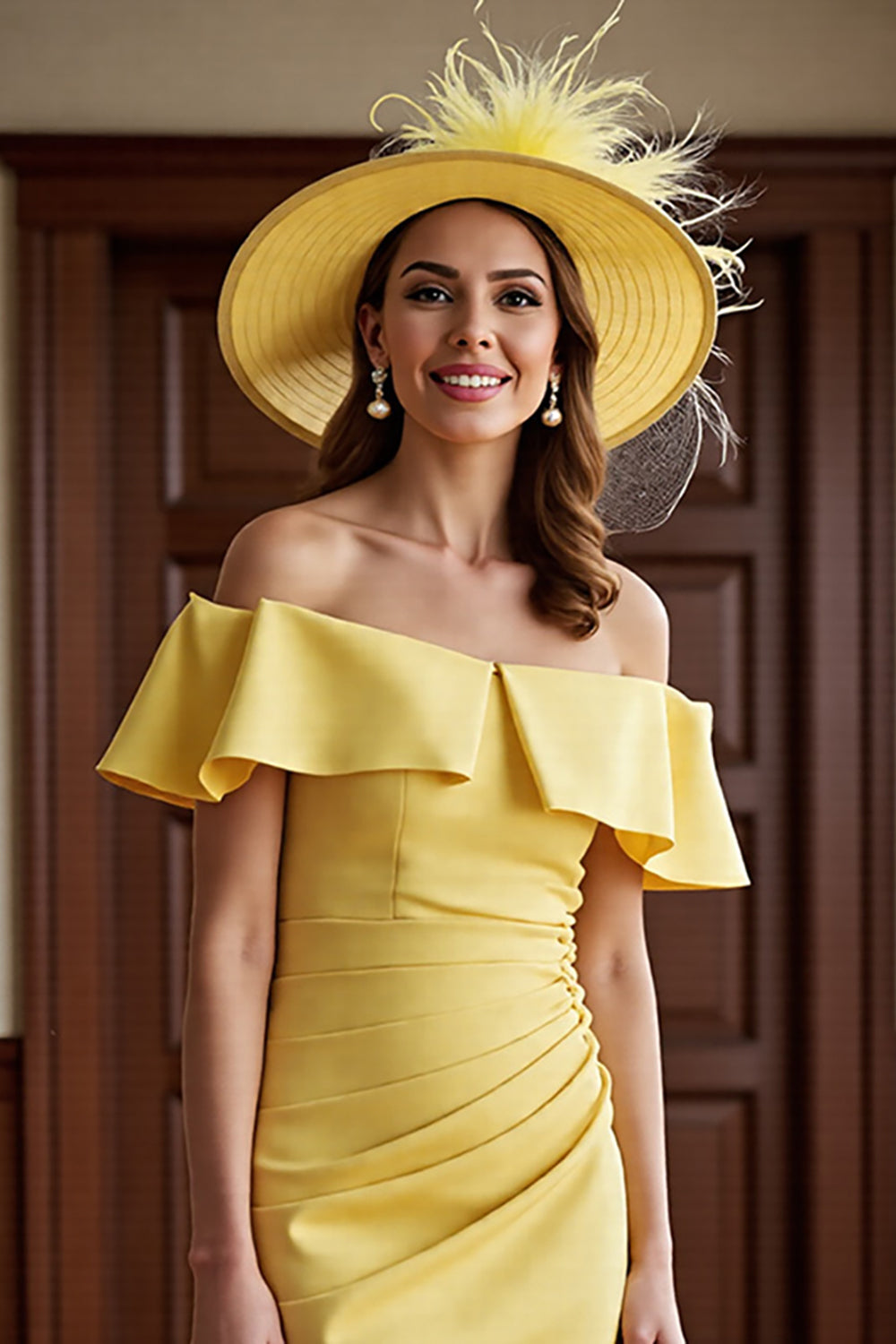 Daffodil Off the Shoulder Ruched Bodycon Midi Mother of the Bride Dress