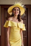 Daffodil Off the Shoulder Ruched Bodycon Midi Mother of the Bride Dress