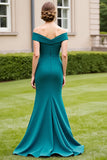 Peacock Green Ruched Mermaid Off the Shoulder Mother of the Bride Dress with Slit