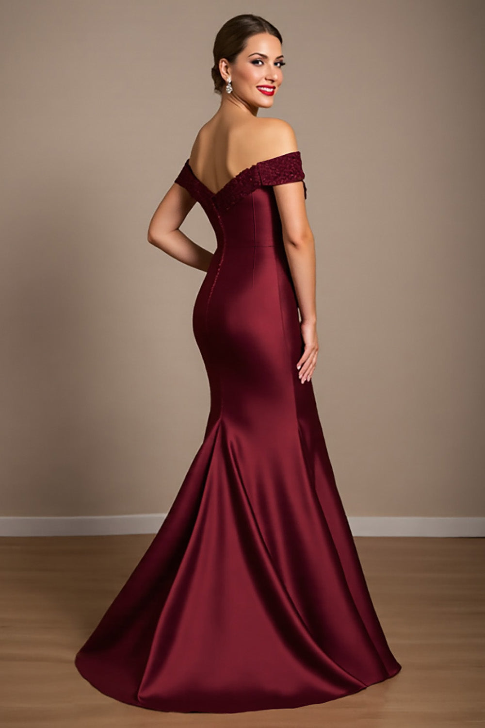 Off The Shoulder Burgundy Mermaid Satin Mother Of The Bride Dress