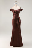 Brown Off The Shoulder Mermaid Satin Formal Dress With Draped Bow