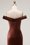 Brown Off The Shoulder Mermaid Satin Formal Dress With Draped Bow
