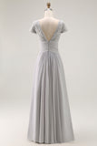 Silver A Line V Neck Ruched Mother Of The Bride Dress