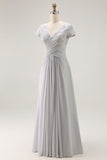Silver A Line V Neck Ruched Mother Of The Bride Dress