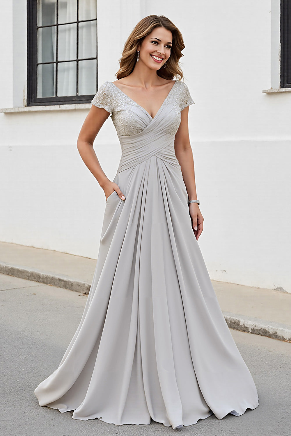 Silver V Neck Ruched A Line Mother Of The Bride Dress