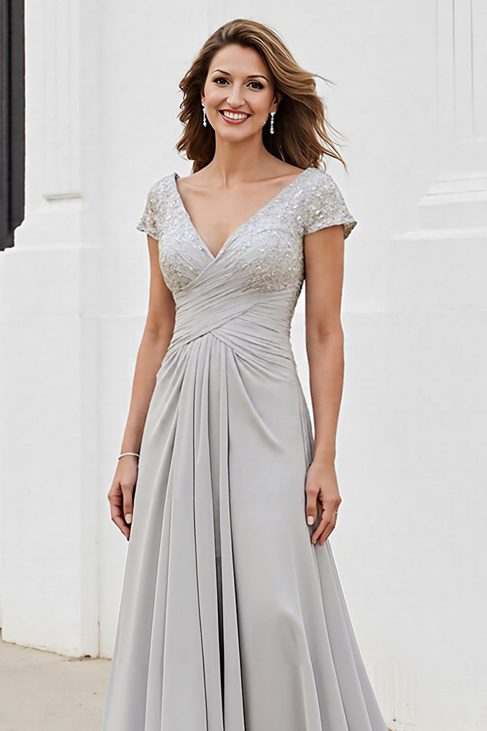 Silver V Neck Ruched A Line Mother Of The Bride Dress