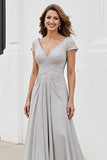 Silver V Neck Ruched A Line Mother Of The Bride Dress