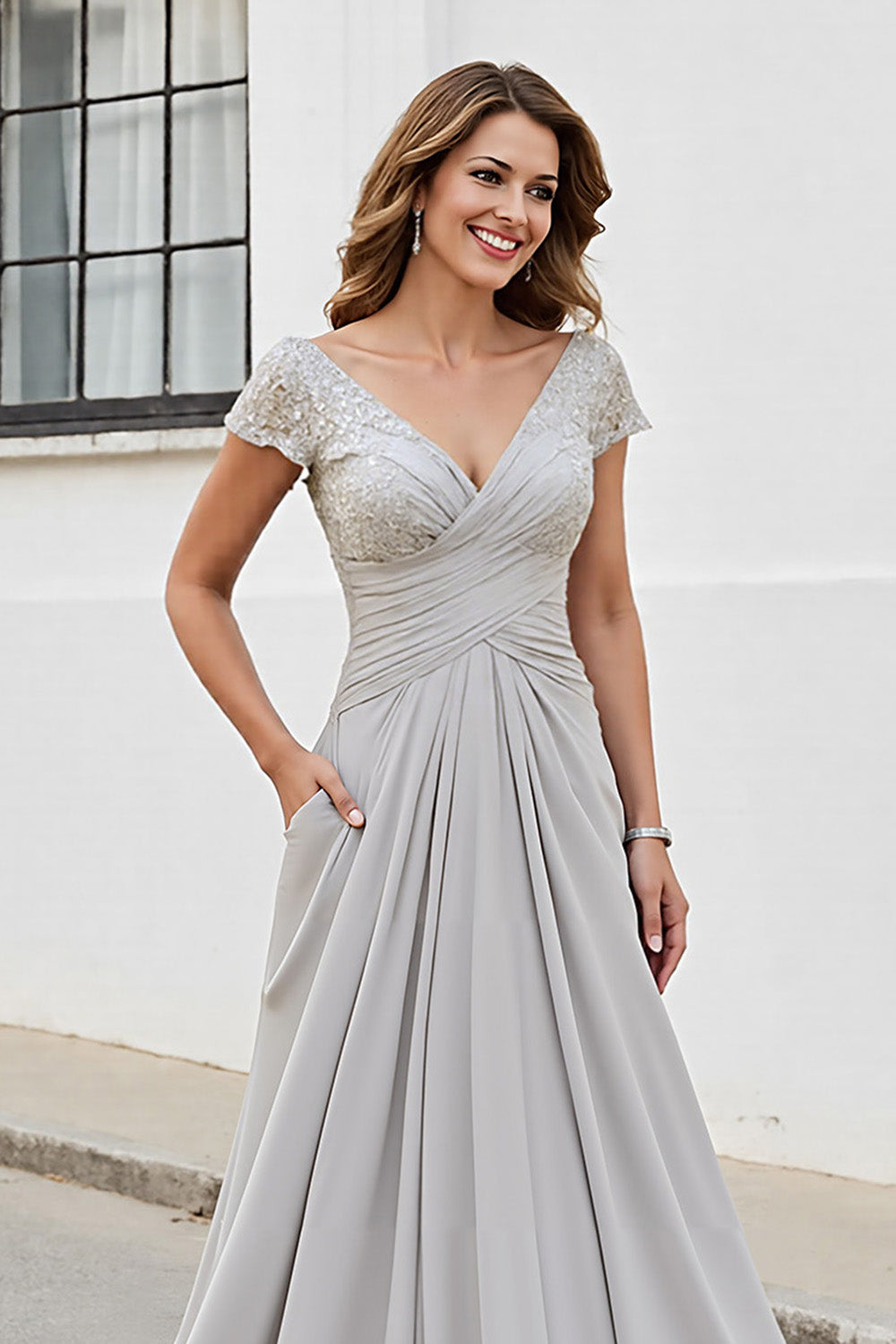 Silver V Neck Ruched A Line Mother Of The Bride Dress