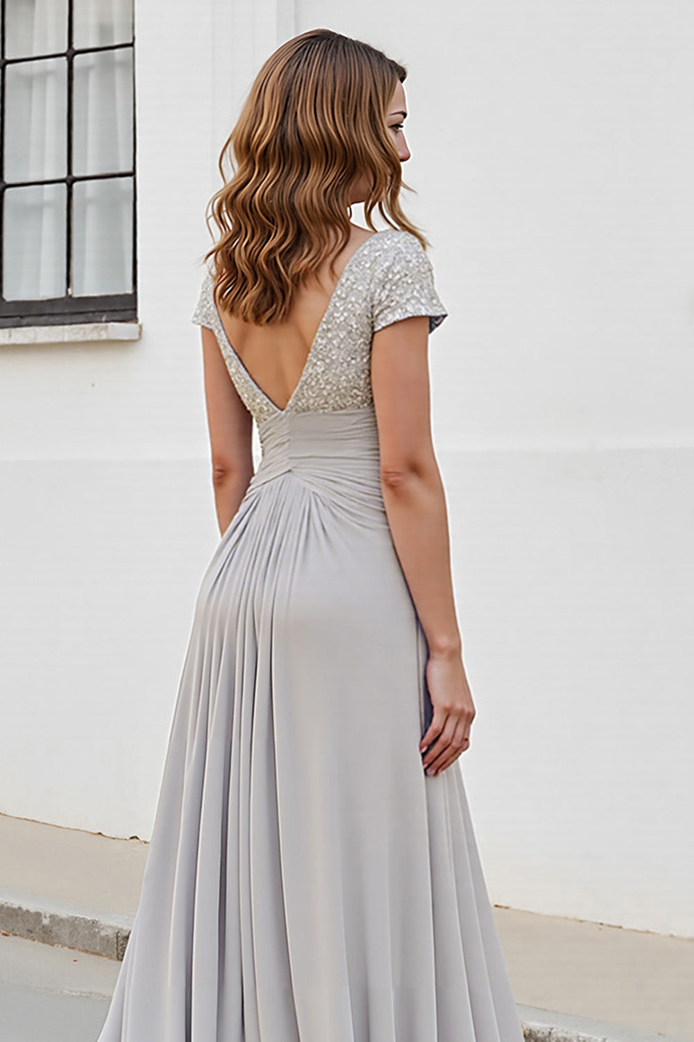 Silver V Neck Ruched A Line Mother Of The Bride Dress