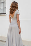 Silver V Neck Ruched A Line Mother Of The Bride Dress
