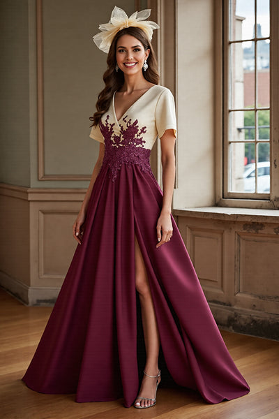 Zapaka Women Burgundy Mother Of The Bride Dress With Slit V Neck A Line Long Formal Dress With Appliques ZAPAKA Zapaka Women Burgundy Mother Of The Bride Dress With Slit V Neck A Line Long Formal Dress With Appliques ZAPAKA